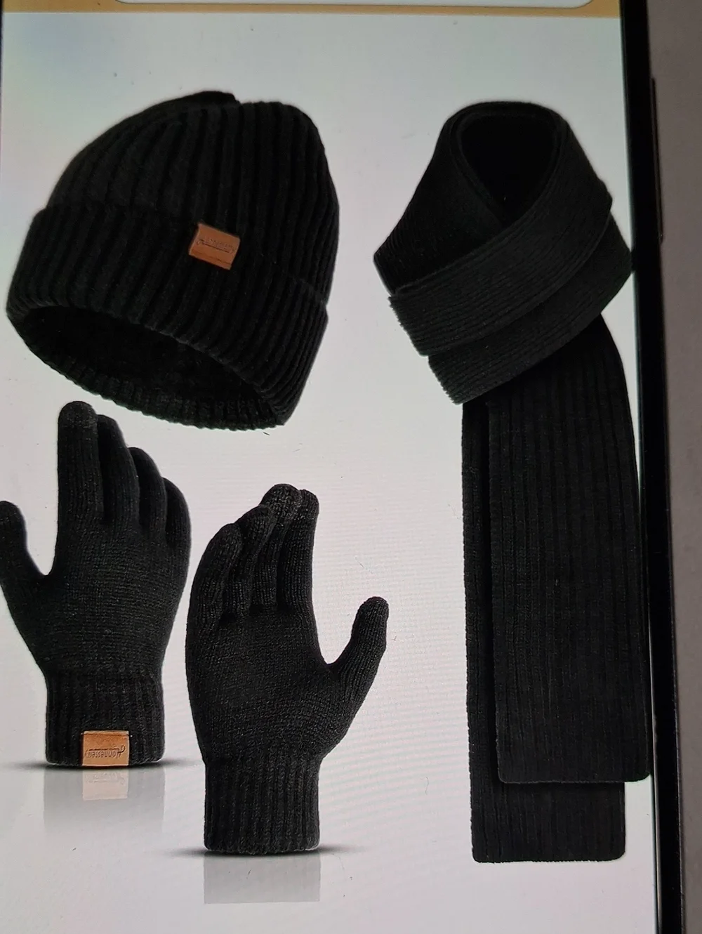 NWT Unisex Black Knit Winter Hat, Scarf & Gloves 3 Piece Set
